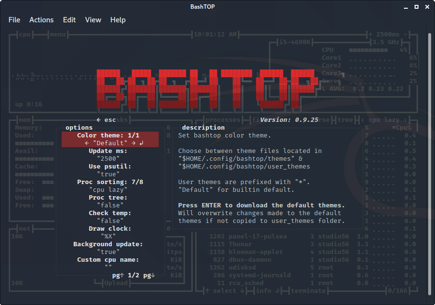 bashtop: menu opzioni