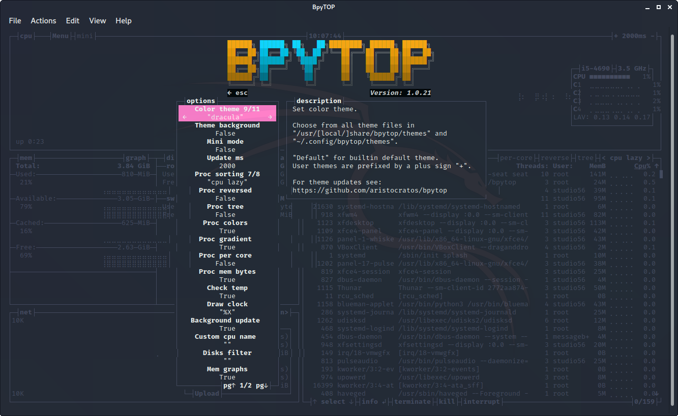 bpytop: menu opzioni